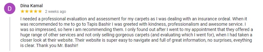 Five star testimonial from a customer satisfied of the service provided and the variety of carpets offered.